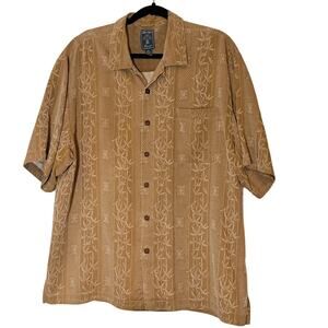 Montego Resort Men's L 100% Silk Hawaiian Shirt Tan Bamboo Jacquard Aloha